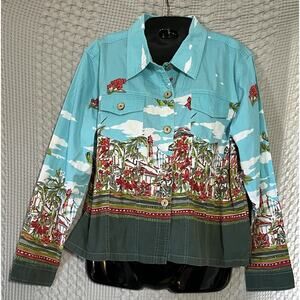 Tropical Women’s Large Jane Ashley Jean Jacket 100% cotton Button Beach Cruise